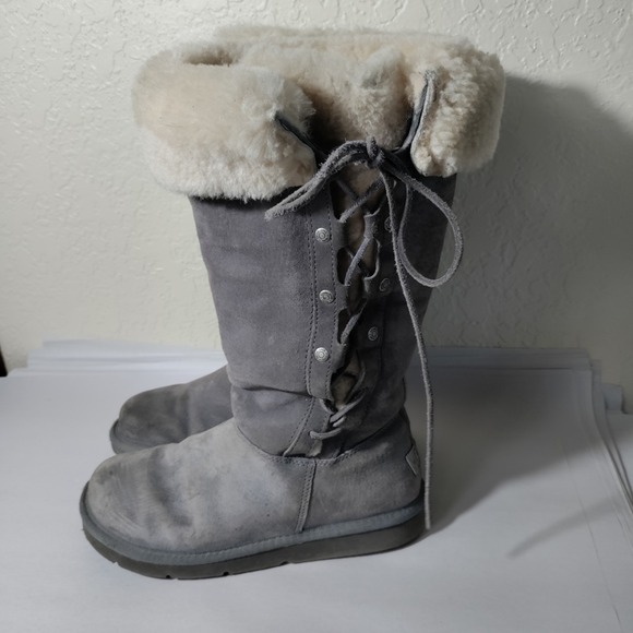 UGG Australia UPSide Lace Up Shearling Suede Gray Mid Knee Boots Sz 7 - Picture 1 of 10